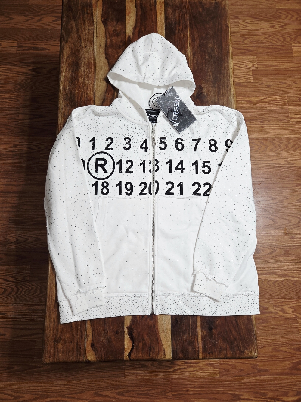 Verselli Men's White "Digits Drop" Rhinestone Accent Zip-up Hoodie. Size Small